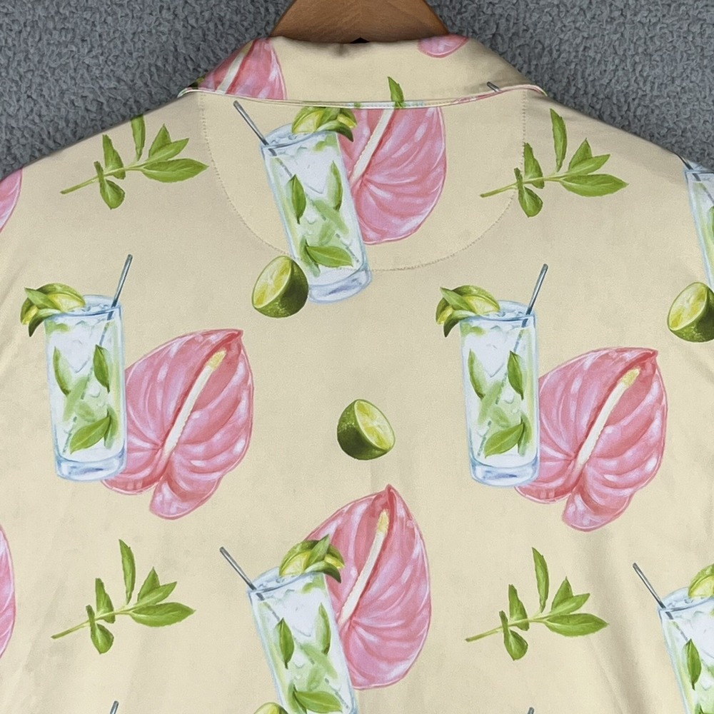 Bad Birdie Polo Shirt Mens XXL Yellow Pink Lime Drink Floral Allover Print S/S - Picture 7 of 12